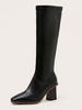 Femmes Bottes Talon Chunky Bout Carré Fermeture Éclair Bottes Noires Au Genou