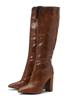 Femmes Bottes Talon Chunky Bout Pointu Bottes Au Genou Marron Foncé