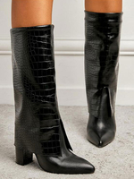 Femmes Bottes Talon Chunky Bout Pointu En Cuir PU Noir Bottes Mi-mollet