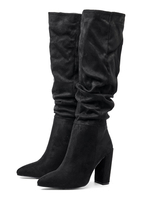 Femmes Bottes Talon Chunky Bout Pointu Micro Daim Bottes Martin Bottes Au Genou