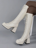 Femmes Bottes Talon Chunky Fermeture Éclair À Bout Carré Bottes Au Genou Blanches