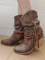 Femmes Bottines Café Marron Synthétique Cuir Bout Rond Cowgirl Bottines À Talon Chunky