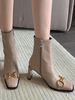 Femmes Bottines Chaînes Bout Carré Talon Chunky Bottines En Cuir PU Abricot
