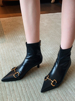 Femmes Bottines Chaînes Bout Pointu Chaton Talon PU Cuir Noir Bottines