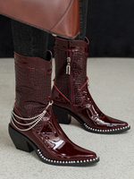 Femmes Bottines Chaînes Imprimé Poisson Bottes Mi-Mollet Talon Chunky Bottes Martin Bordeaux