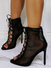 Femmes Bottines Chaînes Talon Aiguille Peep Toe PU Cuir À Lacets Bottes Dété Noir