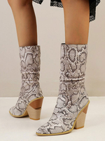 Femmes Bottines En Cuir Synthétique Bout Pointu Blanc Imprimé En Peau De Serpent Bottes À Talon Chunky