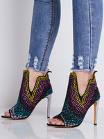 Femmes bottines noires en micro suède à bout ouvert strass talon aiguille 4.3 "bottillons pour la fête