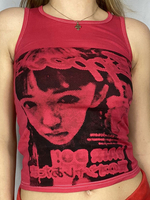 Femmes Cami Top Rouge Foncé Sans Manches Imprimé Stretch Boutons Plissé Bijou Cou Polyester T-shirt