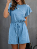 Femmes Casual Romper Stripes Jewel Neck manches courtes en coton été Jumpsuit