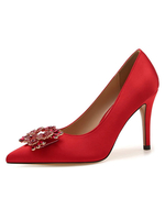 Femmes Chaussures De Soirée Bout Pointu Rouge Strass Talons Hauts Pompes De Soirée En Satin