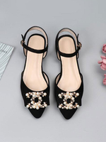 Femmes Chaussures Plates Bout Pointu Noir Slip-On Strass Bride De Cheville Ballerines