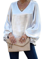 femmes Chemisier Argent Polyester V-Neck Casual Hauts Manches longues