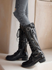 Femmes Combat Bottes À Genou En Cuir Verni Véritable À Lacets Talon Bloc