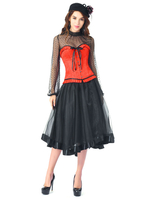 Femmes Costume Party Dress Désossé Rouge Corset Et Jupe Wiith Noir Maille Haut À Manches Longues