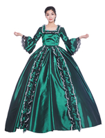 Femmes Costumes Rétro Cascade Volants Dentelle Mat Satin Style Victorien Robe Vert Foncé Vintage Vêtements Déguisements Halloween
