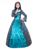 Femmes Costumes Rétro Matte Satin Style Victorien Robe Florale Imprimée Cyan Bleu Vintage Vêtements Déguisements Halloween
