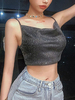 Femmes Crop Top Black Glitter Backless Camis