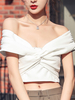 Femmes Crop Top Blanc Couches V-Neck Sexy Plissé Sans Manches Polyester Hauts