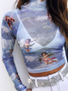 Femmes Crop Top Bleu Ciel Clair Col Haut Manches Longues Casual Ange Imprimé Sheer Tops