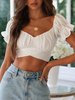 Femmes Crop Top Écru Blanc Cupless V Neck Academic Manches Courtes Tops Mousseline