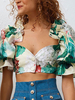 Femmes Crop Top Floral Print Buttons Puff Manches Tops