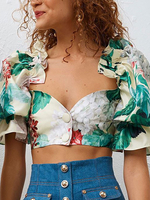 Femmes Crop Top Floral Print Buttons Puff Manches Tops