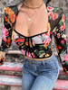 Femmes Crop Top Floral Print Corset Style Col Carré Manches Longues Sexy Tops