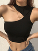 Femmes Crop Top Noir Asymétrique manches Tops sexy