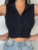 Femmes Crop Top Noir Col Rabattu Boutons Décontractés Sans Manches Coton Mélangé Tops