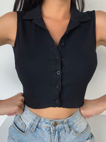 Femmes Crop Top Noir Col Rabattu Boutons Décontractés Sans Manches Coton Mélangé Tops