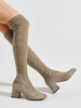 Femmes Cuissardes À Talons Chunky Bout Rond En Daim Cuir Gris Cuisse Bottes