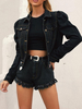 Femmes Denim Veste Courte Noire Manches Longues Veste en Jean Col Rabattu Poches