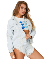 Femmes Denim Vestes Col Rabattu Bouton Avant Irrégulier Cowboy Découpé Street Wear Veste Bleu Bébé