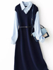 Femmes deux pièces ensembles bébé bleu Polyester col rabattu boutons ceinture manches longues robe mi-longue chemise bleu clair tenue dété décontractée