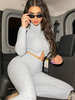 Femmes deux pièces ensembles gris clair polyester col haut passepoil fendu devant pantalon décontracté T-shirt manches longues tenue
