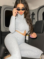 Femmes deux pièces ensembles gris clair polyester col haut passepoil fendu devant pantalon décontracté T-shirt manches longues tenue