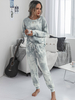 Femmes Deux Pièces Ensembles Gris Polyester Jewel Neck Tie Dye Chemisier À Manches Longues Pantalon Long Tenue Décontractée