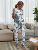 Femmes Deux Pièces Ensembles Gris Polyester Tie Dye À Manches Longues Jewel Neck Blouse Long Pantalon Casual Tenue Dhiver Pour Les Femmes