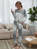 Femmes Deux Pièces Ensembles Gris Polyester Tie Dye Hiver Manches Longues Jewel Neck Blouse Long Pantalon Tenue Décontractée