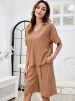Femmes Deux Pièces Ensembles Kaki Polyester Col En V Passepoil Top Manches Courtes Tenue Décontractée
