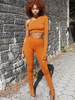 Femmes deux pièces ensembles pantalon slim en polyester orange manches longues une épaule épaule ouverte tenue décontractée haut