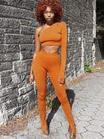 Femmes deux pièces ensembles pantalon slim en polyester orange manches longues une épaule épaule ouverte tenue décontractée haut
