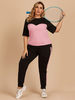 Femmes deux pièces ensembles rose poches en polyester deux tons athlétique été demi manches bijou col chemisier pantalon de sport tenue