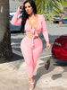 Femmes Deux Pièces Ensembles Rose Polyester Coton Col En V Lacets Sexy Pantalon À Manches Longues Tenue