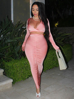 Femmes Deux Pièces Ensembles Rose Polyester Coton Col En V Plissé Décontracté Jupe Longue Tenue À Manches Longues
