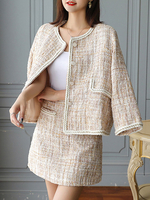 Femmes deux pièces ensembles tenue abricot Tweed classique automne manches longues bijou cou manteau avec Mini robe tenue pour les femmes