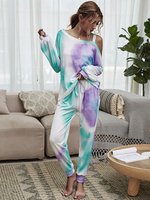 Femmes Deux Pièces Ensembles Vert Polyester Tie Dye Hiver Manches Longues Jewel Neck Blouse Long Pantalon Tenue Décontractée