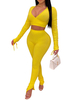 Femmes Ensemble Deux Pièces Jaune Col En V Manches Longues Skinny Plissé Top Avec Pantalon