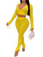 Femmes Ensemble Deux Pièces Jaune Col En V Manches Longues Skinny Plissé Top Avec Pantalon